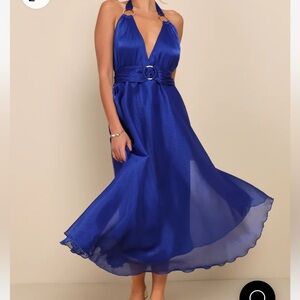 Lulu’s Getaway Chic Cobalt Blue Organza O-Ring Halter Midi Dress